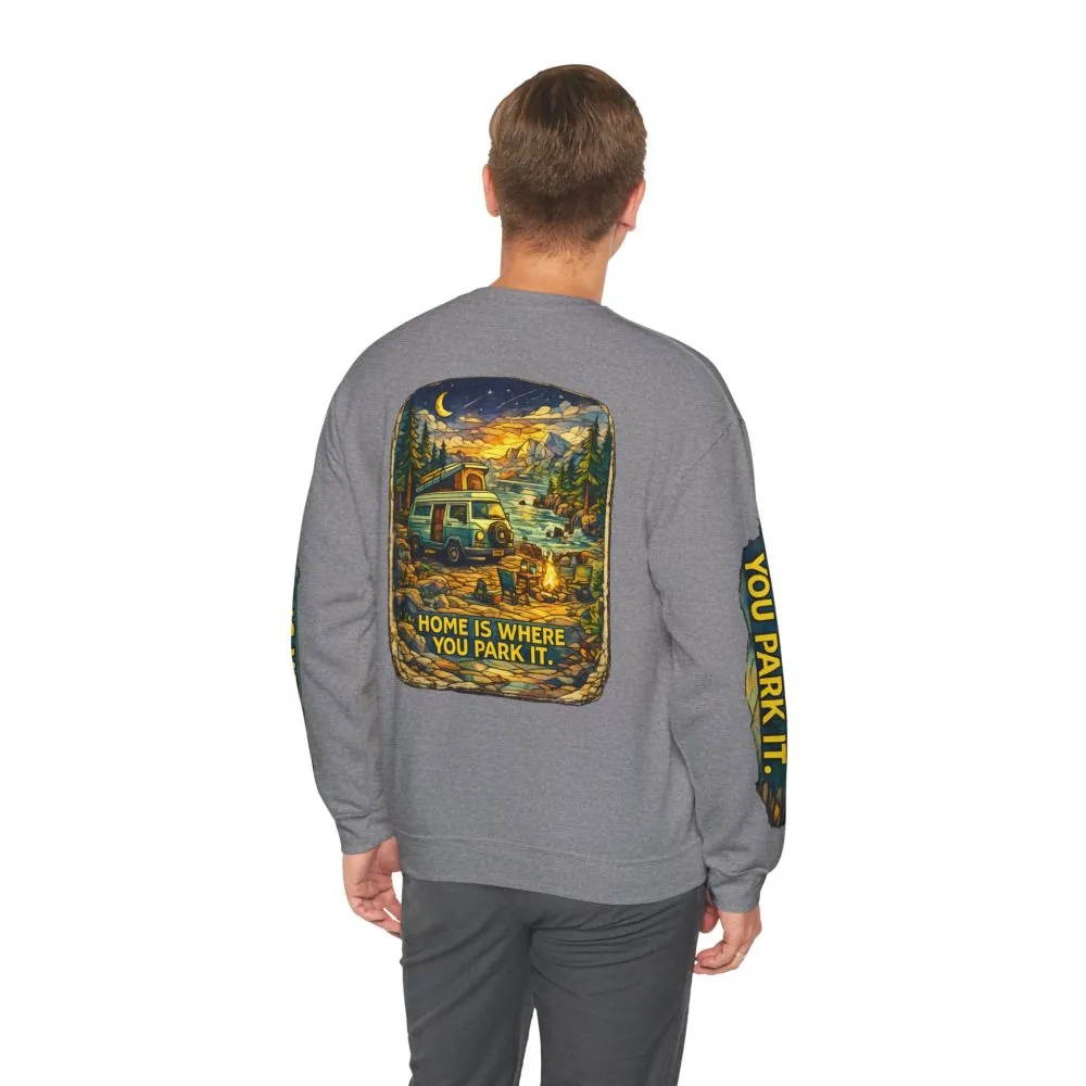 413169306948859410_2048.jpeg Unisex Heavy Blend™ Crewneck Sweatshirt — "Home Is Where You Park It" Design Cubic-Line