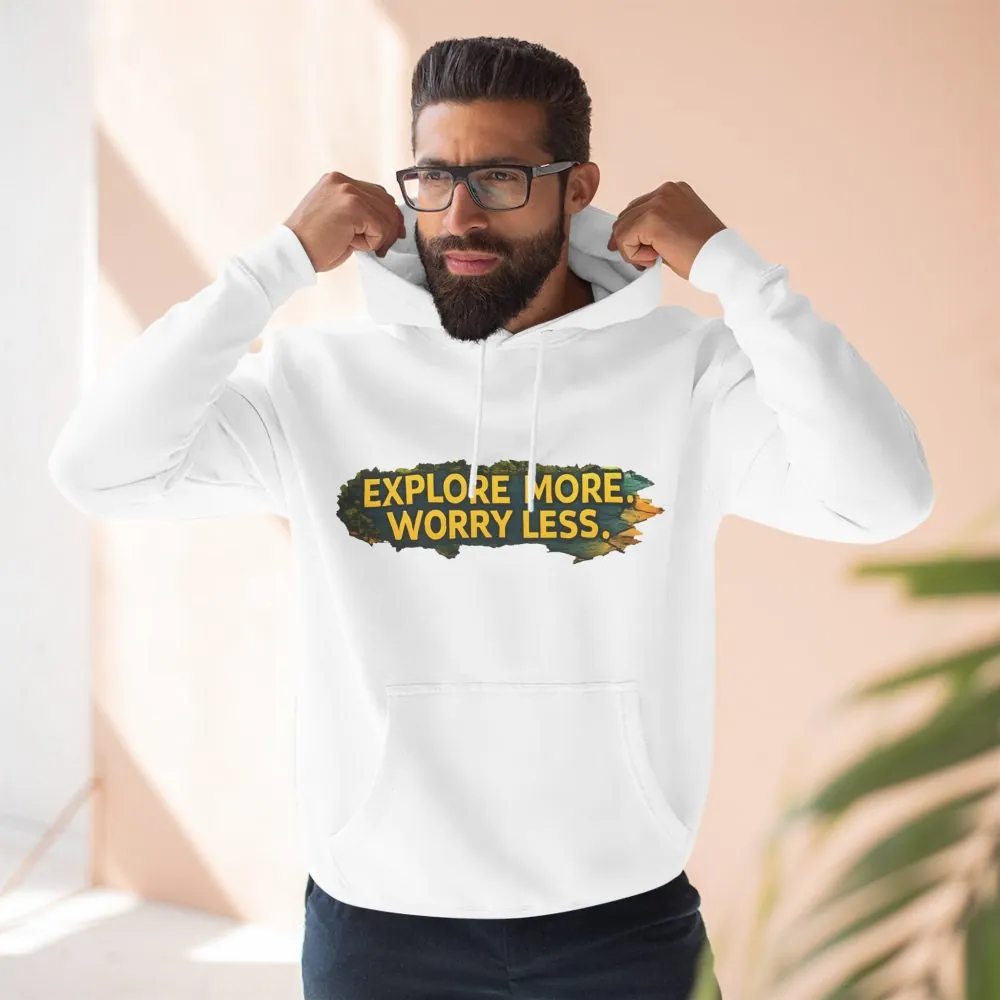 Three-Panel Fleece Hoodie - "Explore More Worry Less" Design Cubic-Line