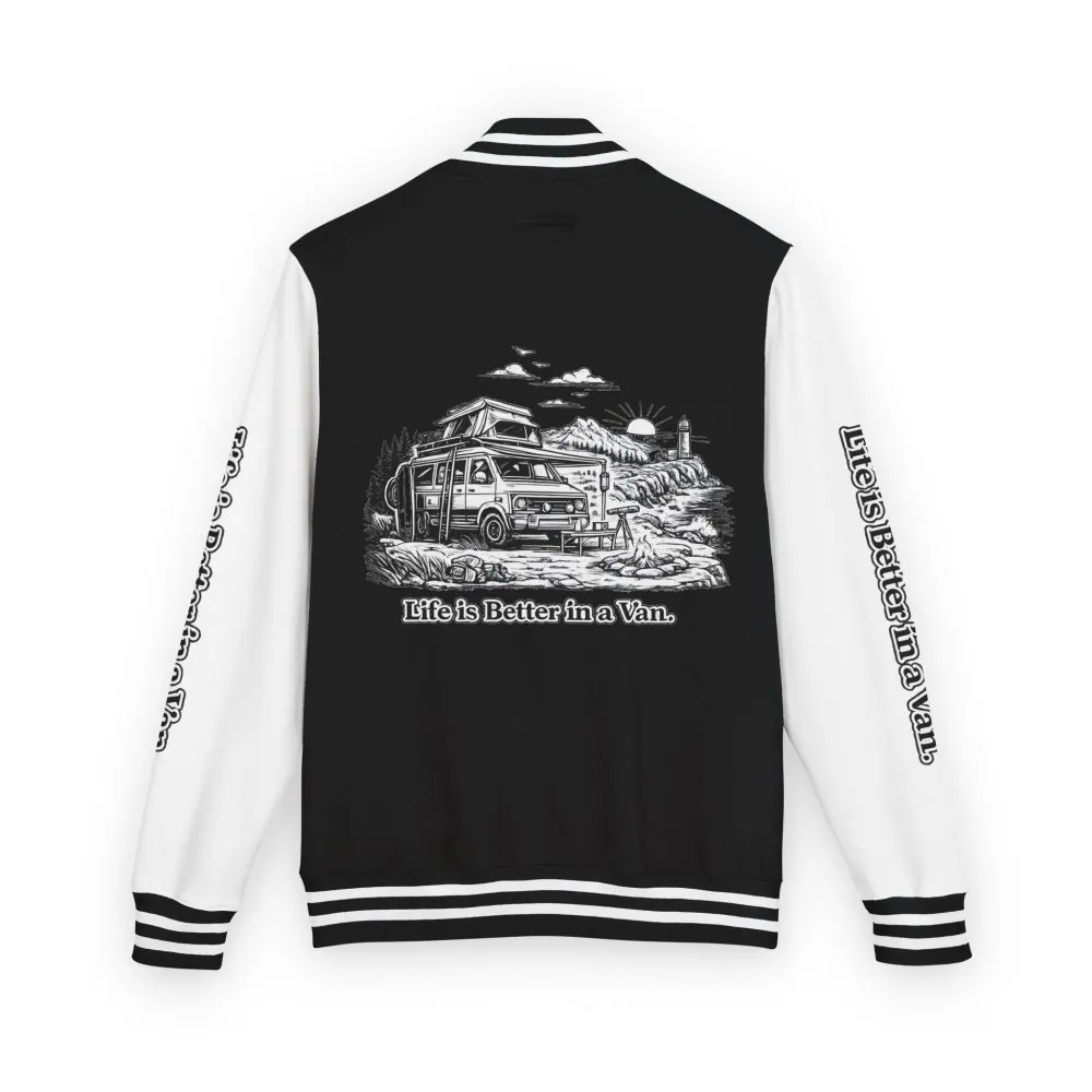 4144364011067842017_2048.jpeg Unisex Heavyweight Letterman Jacket — "Life Is Better In A Van" Travel Varsity Coat