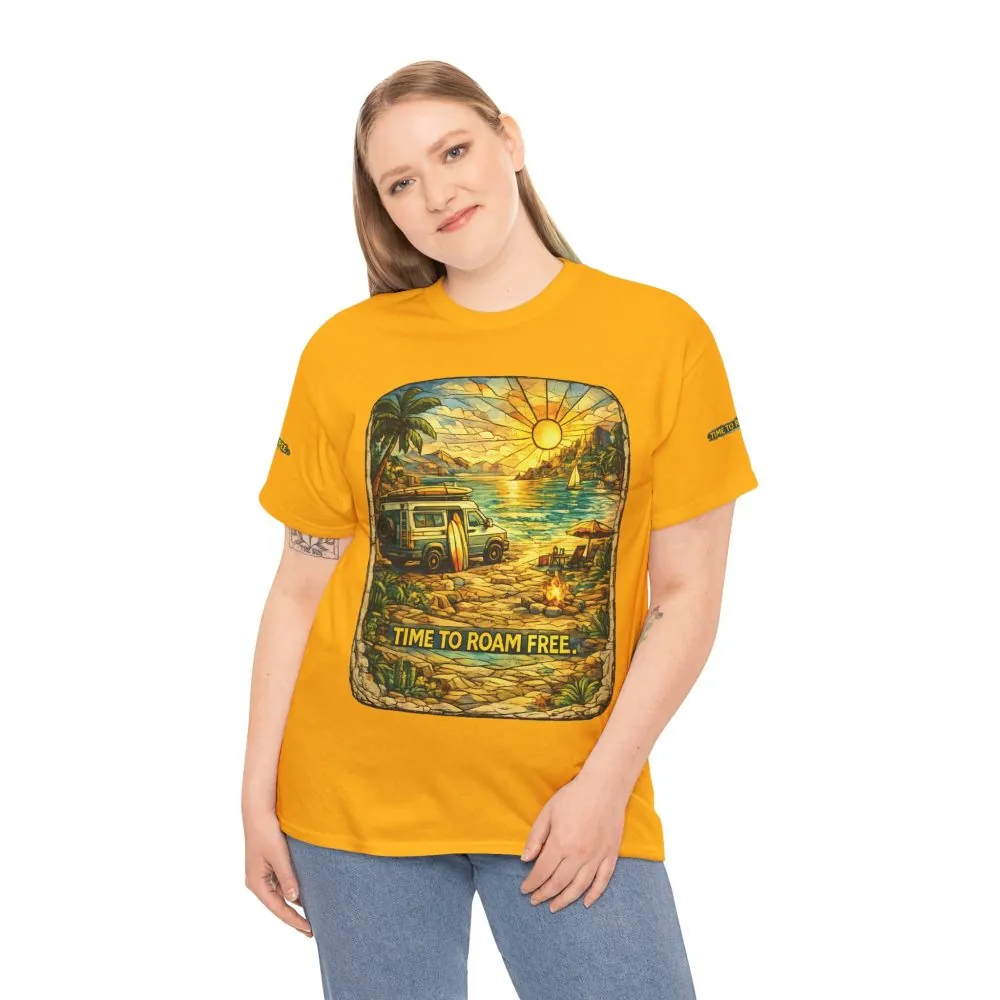 Unisex Heavy Cotton Tee — "Time To Roam Free" Design Cubic-Line