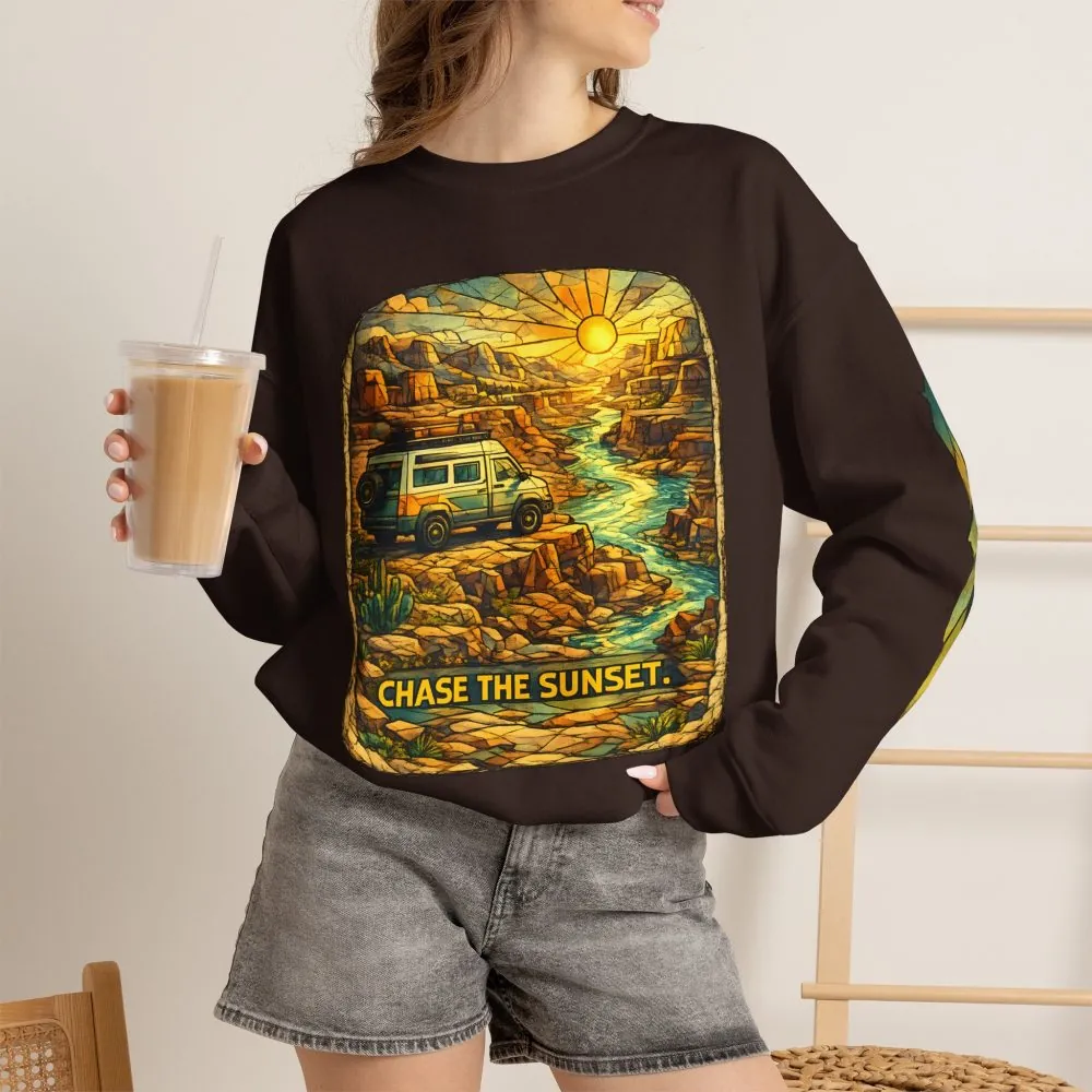 Unisex Heavy Blend™ Crewneck Sweatshirt — "Chase The Sunset" Design Cubic-Line