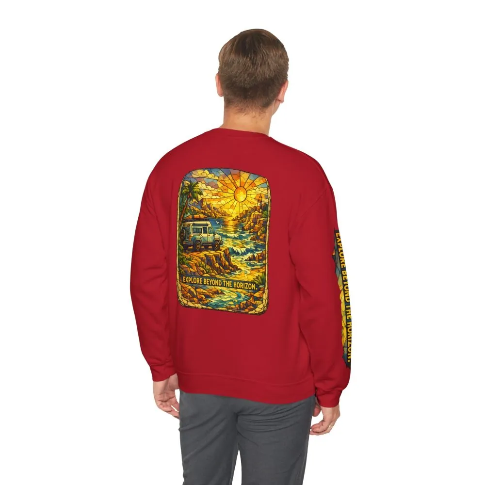 Unisex Heavy Blend™ Crewneck Sweatshirt — "Explore Beyond The Horizon" Design Cubic-Line