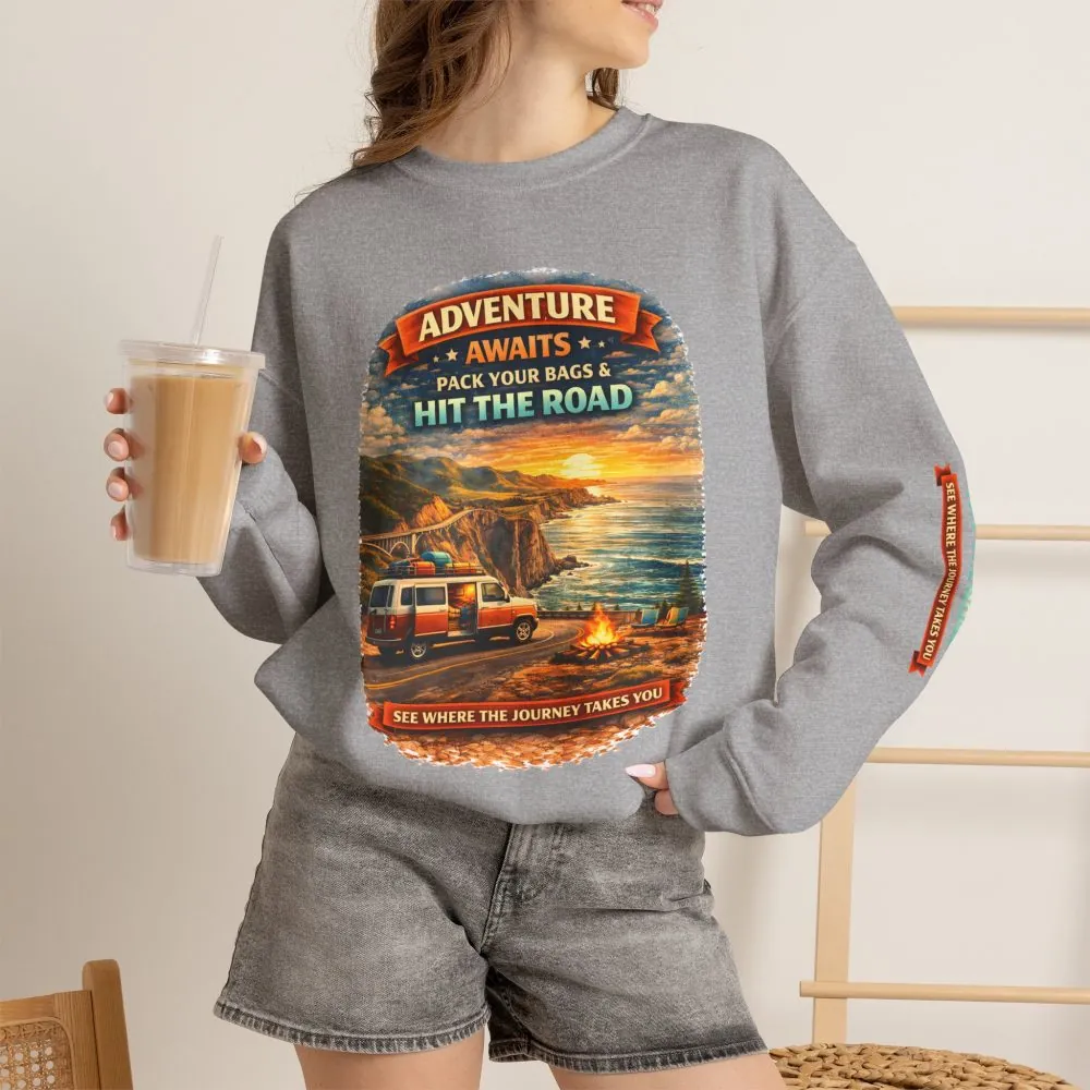 4236186164921251571_2048.jpeg Unisex Heavy Blend™ Crewneck Sweatshirt — "Adventure Awaits-Pack Your Bags" Design Scenic-Line