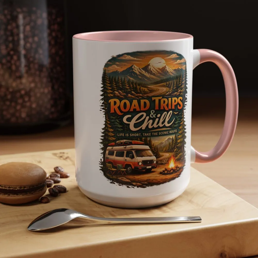 Accent Coffee Mug (11, 15oz) — "Road Trips & Chill" Design Scenic-Line