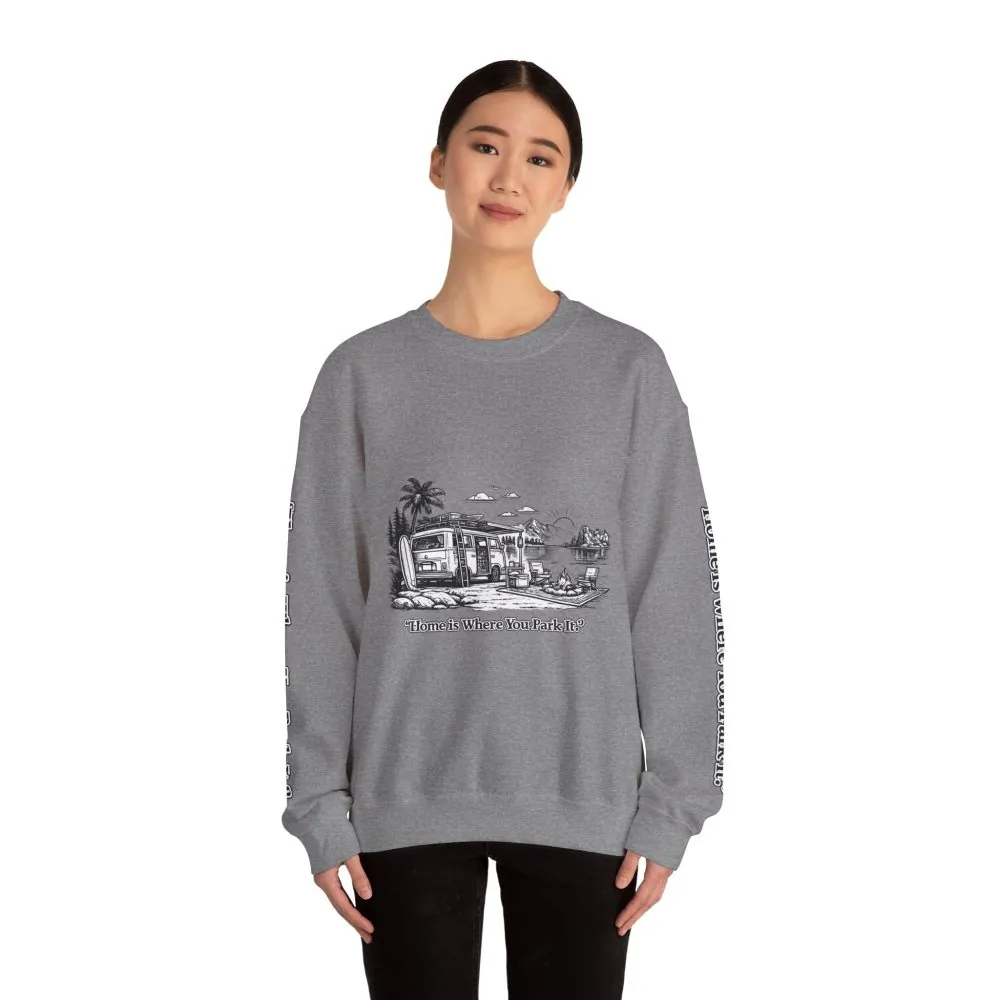 4266567337280475735_2048.jpeg Unisex Heavy Blend™ Crewneck Sweatshirt — "Home Is Where You Park It" Design Minimal-Line