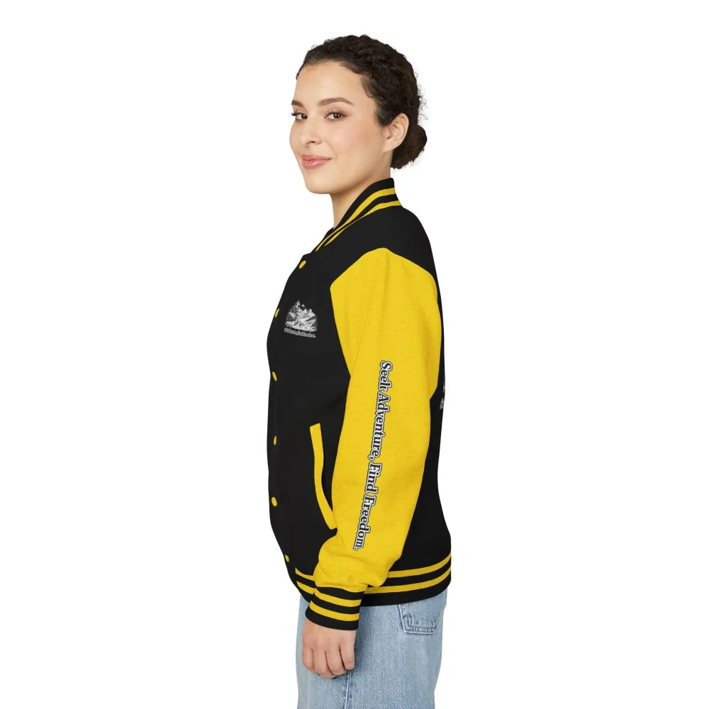 Unisex Heavyweight Letterman Jacket — "Seek Adventure, Find Freedom" Travel Varsity Coat