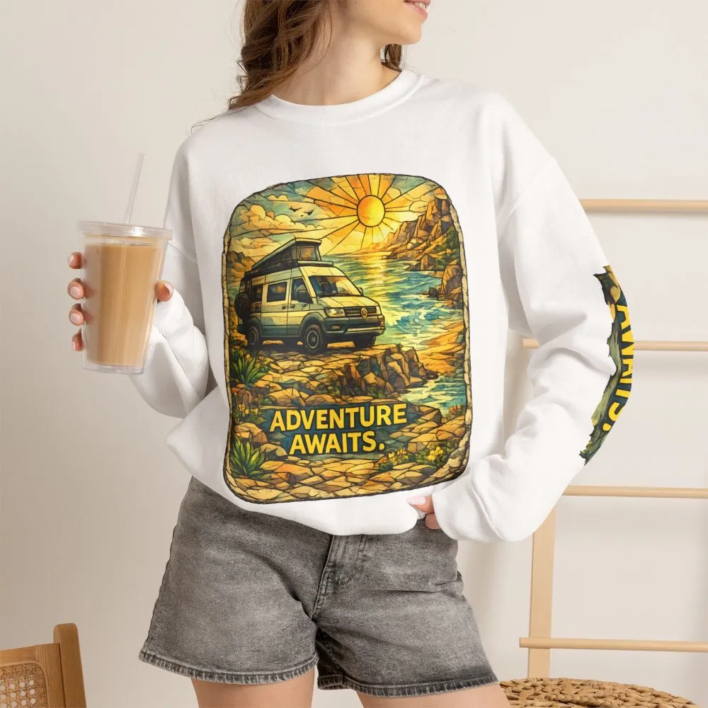 Unisex Heavy Blend™ Crewneck Sweatshirt — "Adventure Awaits" Design Cubic-Line