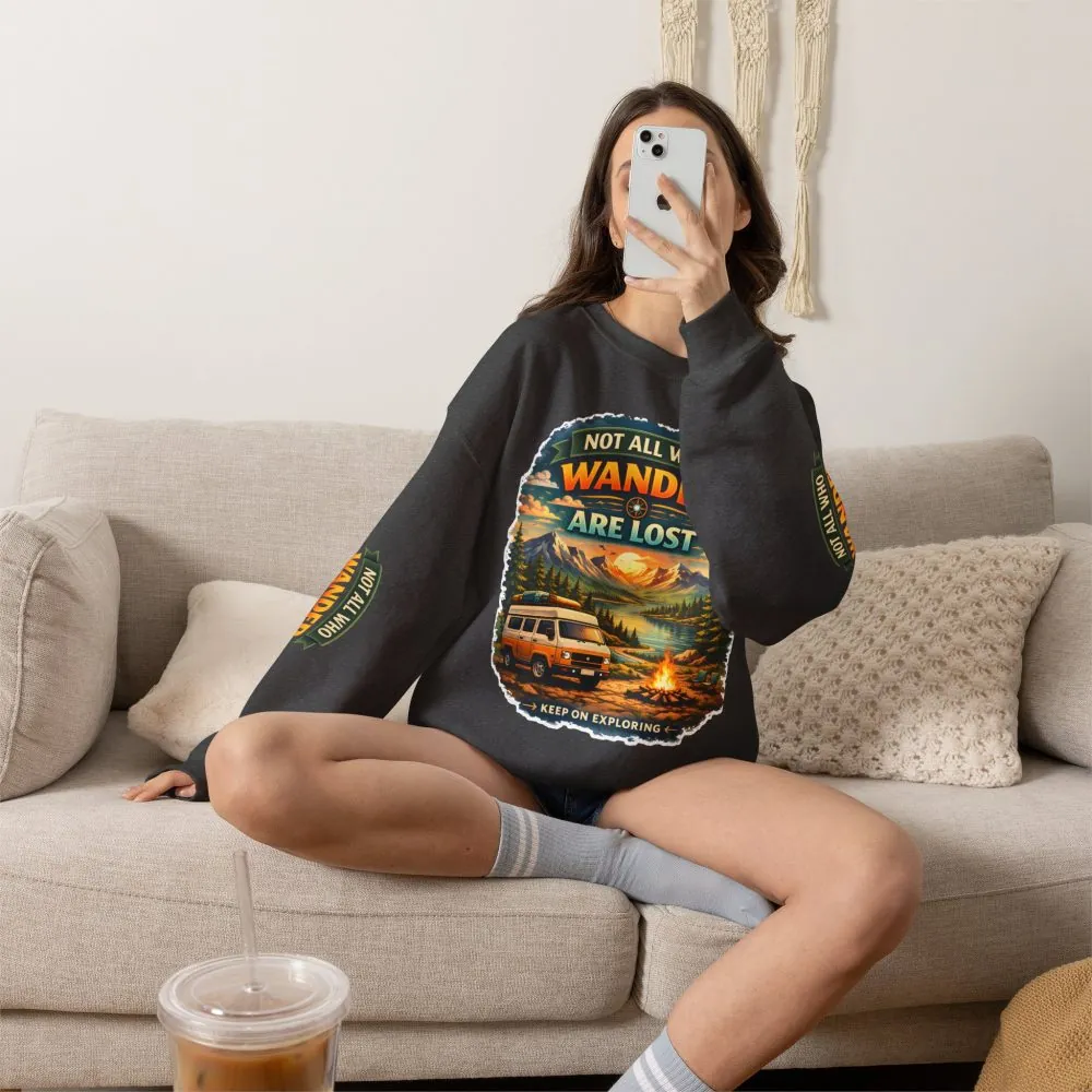 Unisex Heavy Blend™ Crewneck Sweatshirt — "Not All Who Wander Are Lost" Design Scenic-Line