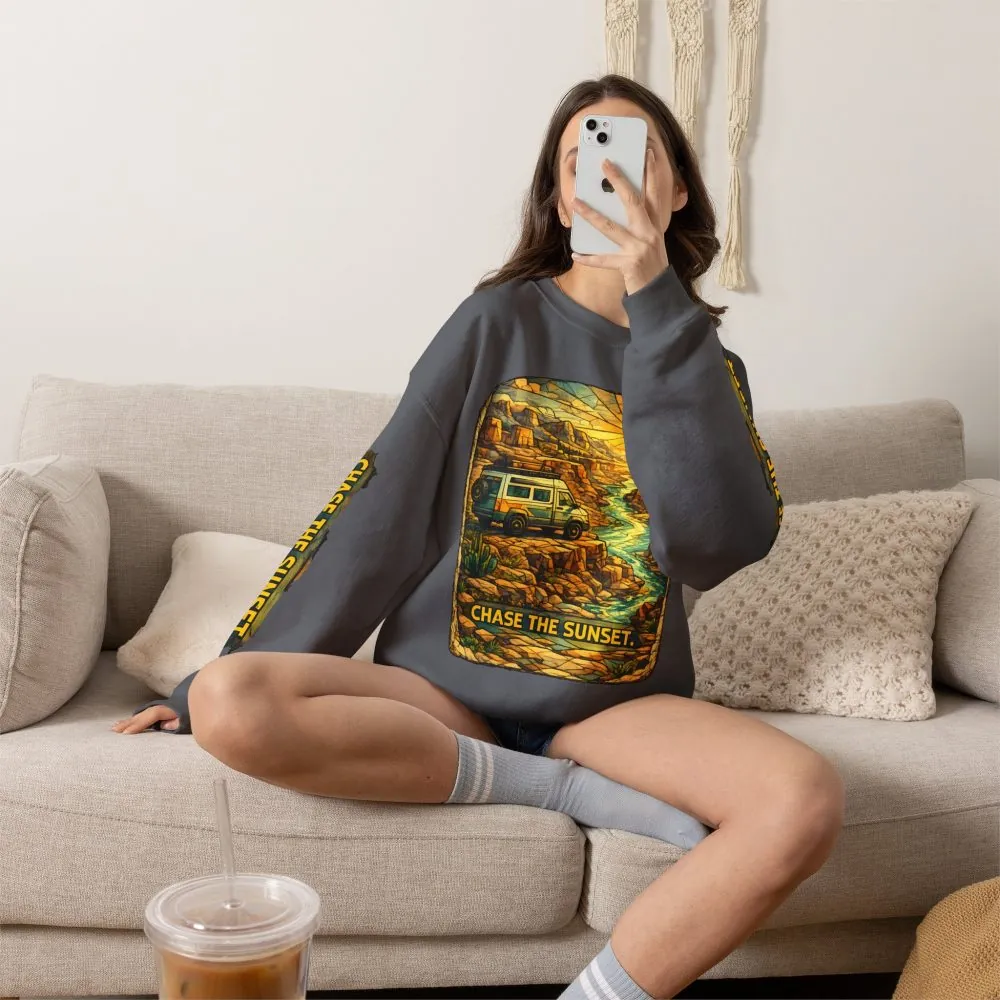 Unisex Heavy Blend™ Crewneck Sweatshirt — "Chase The Sunset" Design Cubic-Line