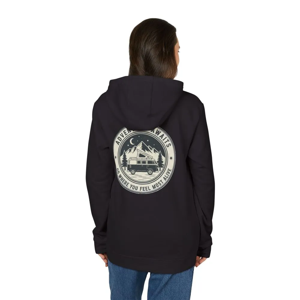 Hoodie(Adidas) — 'Adventure Awaits-Go Where You Feel Most Alive' Outdoor Travel Pullover (Only Back Printed)
