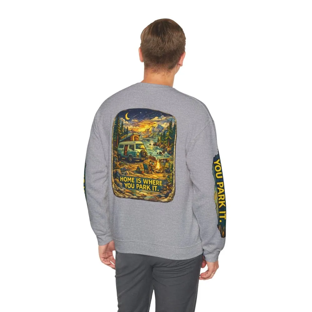 4422174808365342491_2048.jpeg Unisex Heavy Blend™ Crewneck Sweatshirt — "Home Is Where You Park It" Design Cubic-Line