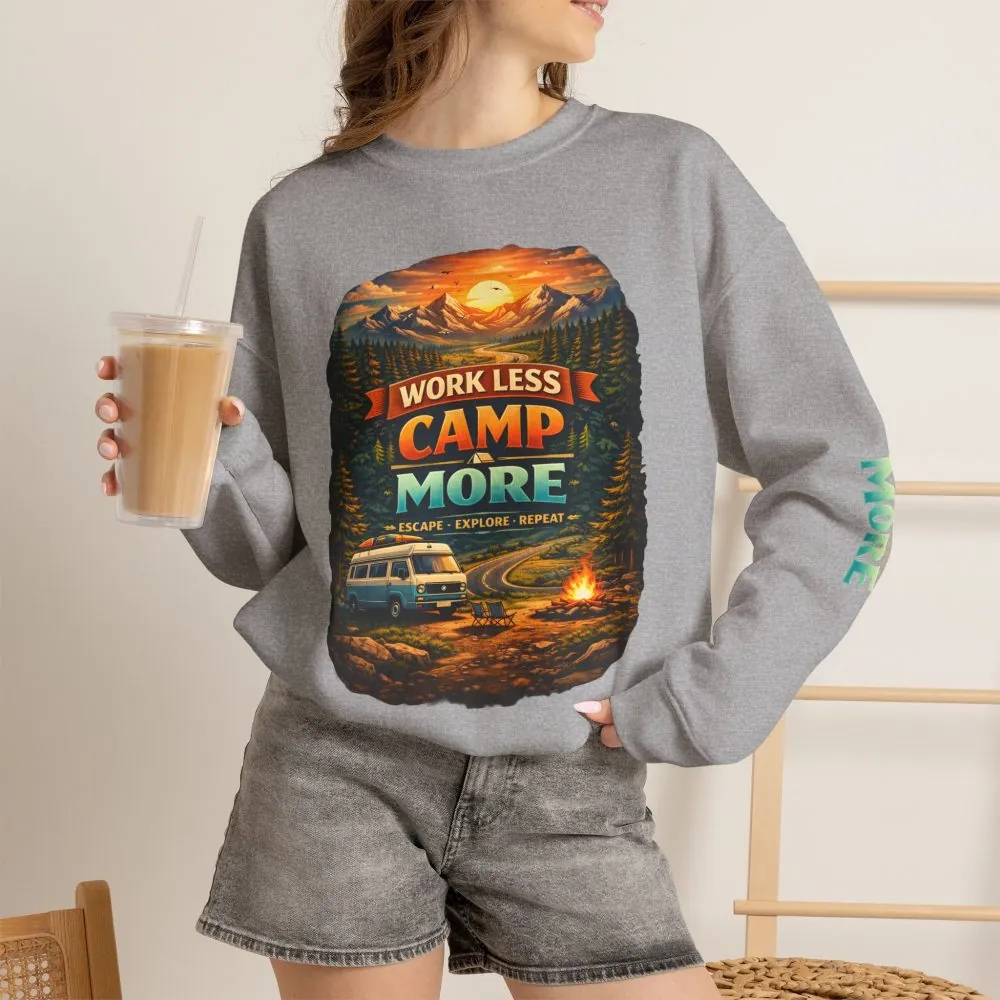 4440104699237063686_2048.jpeg Unisex Heavy Blend™ Crewneck Sweatshirt — "Work Less-Camp More" Design Scenic-Line