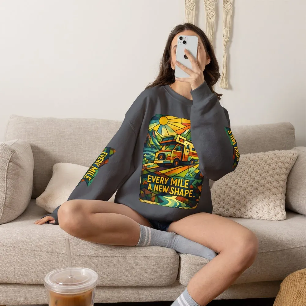 Unisex Heavy Blend™ Crewneck Sweatshirt — "Every Mile A New Shape" Design Cubic-Line