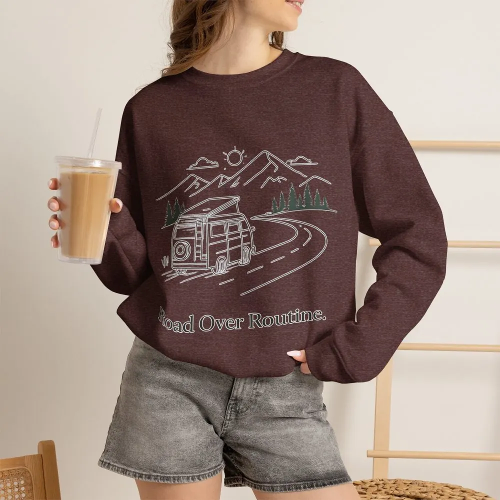 4464006933186271757_2048.jpeg Unisex Heavy Blend™ Crewneck Sweatshirt — "Road Over Routine" Design Minimal-Line