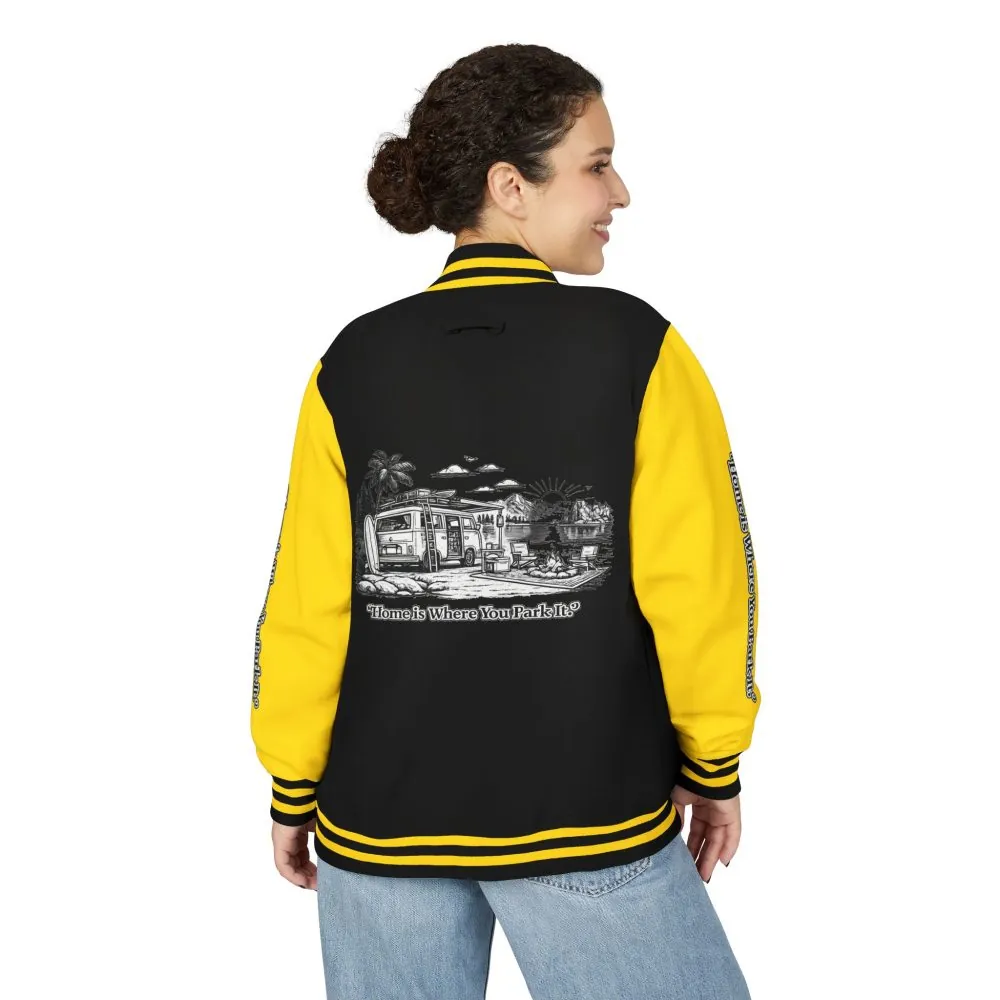 4475007164004853327_2048.jpeg Unisex Heavyweight Letterman Jacket — "Home Is Where You Park It" Travel Varsity Coat