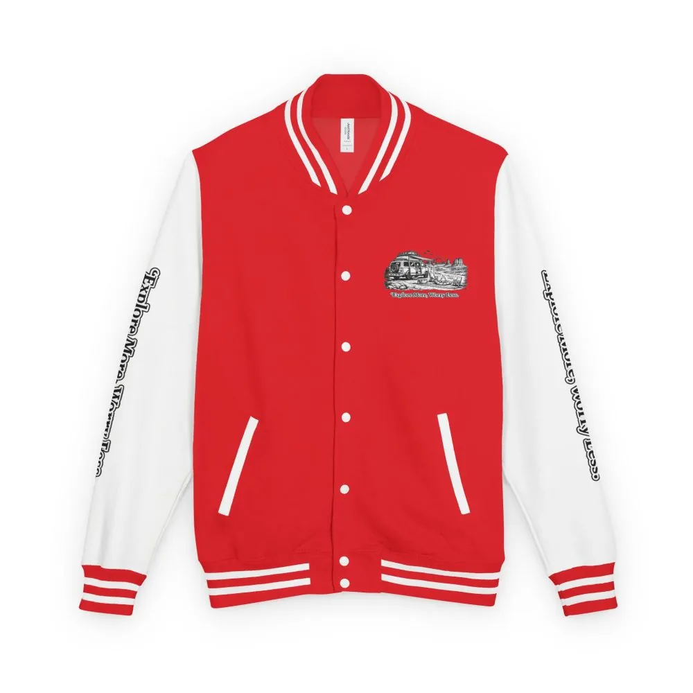 4495968095460825099_2048.jpeg Unisex Heavyweight Letterman Jacket — "Explore More Worry Less" Travel Varsity Coat