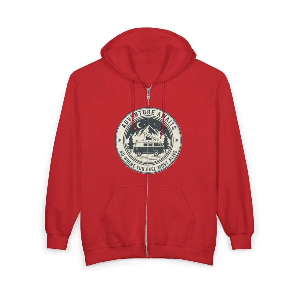 4541541180762423077_2048.jpeg Zip Hoodie — "Adventure Awaits-Go Where You Feel Most Alive" (Only Front Printed) Camper Van Adventure Zip-Up