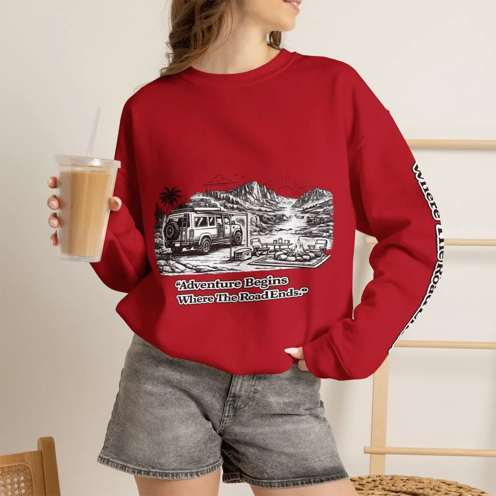 4549792663890996385_2048.jpeg Unisex Heavy Blend™ Crewneck Sweatshirt — "Adventure Begins Where The Road Ends" Design Minimal-Line