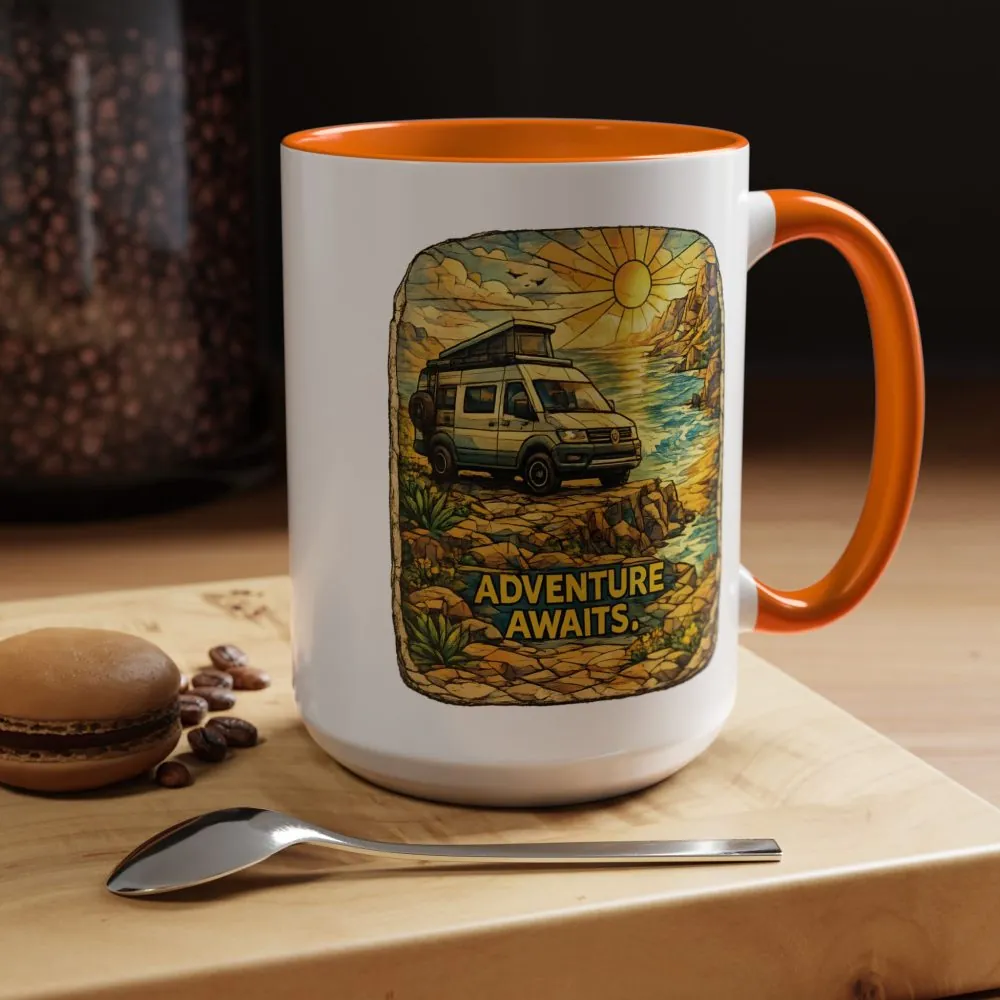 Accent Coffee Mug (11, 15oz) — "Adventure Awaits" Design Cubic-Line