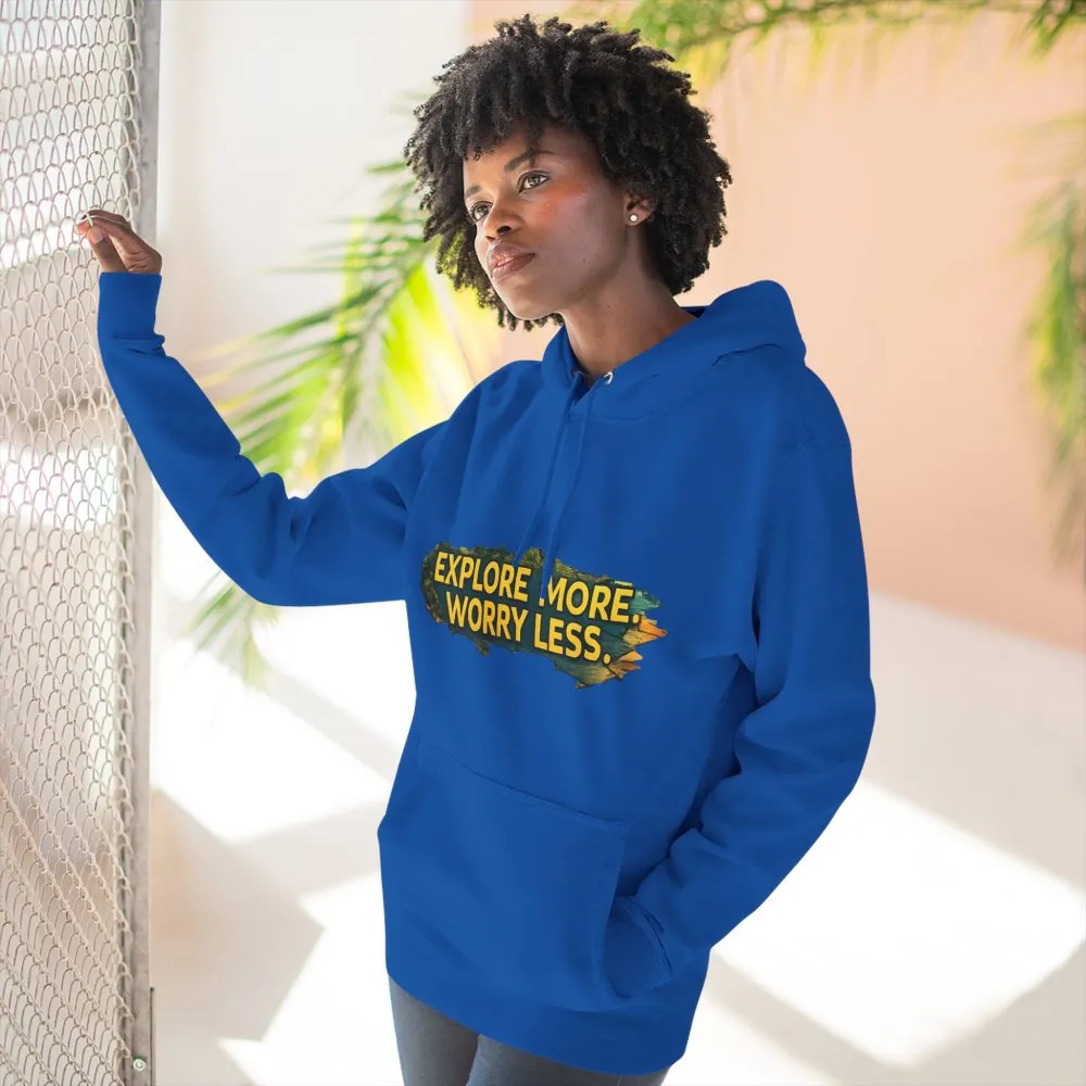 Three-Panel Fleece Hoodie - "Explore More Worry Less" Design Cubic-Line