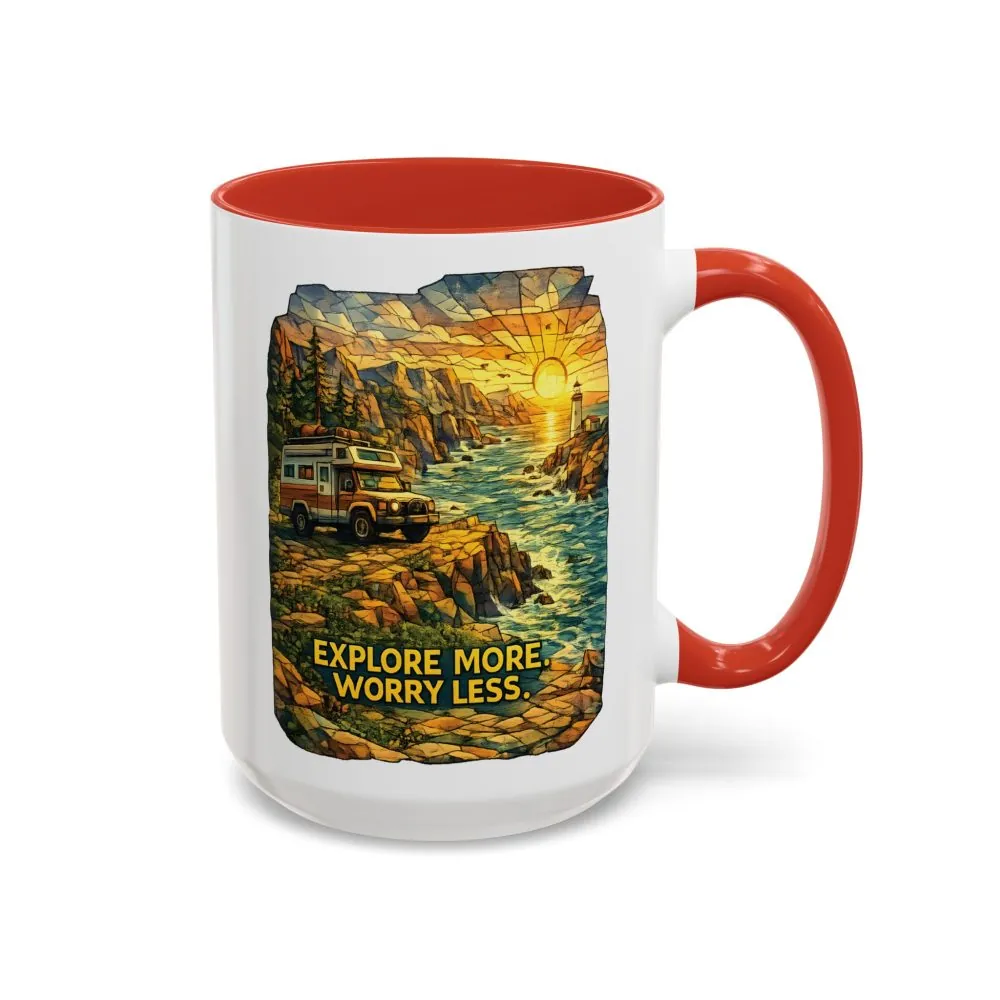 Accent Coffee Mug (11, 15oz) — "Explore More Worry Less" Design Cubic-Line
