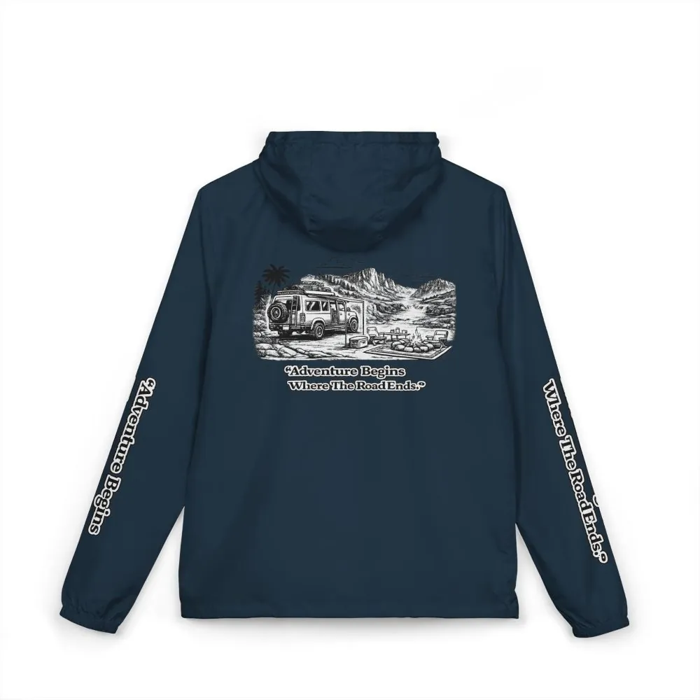 Unisex Full-Zip Windbreaker Jacket — "Adventure Begins Where Roads End" (Design "Minimal-Line")