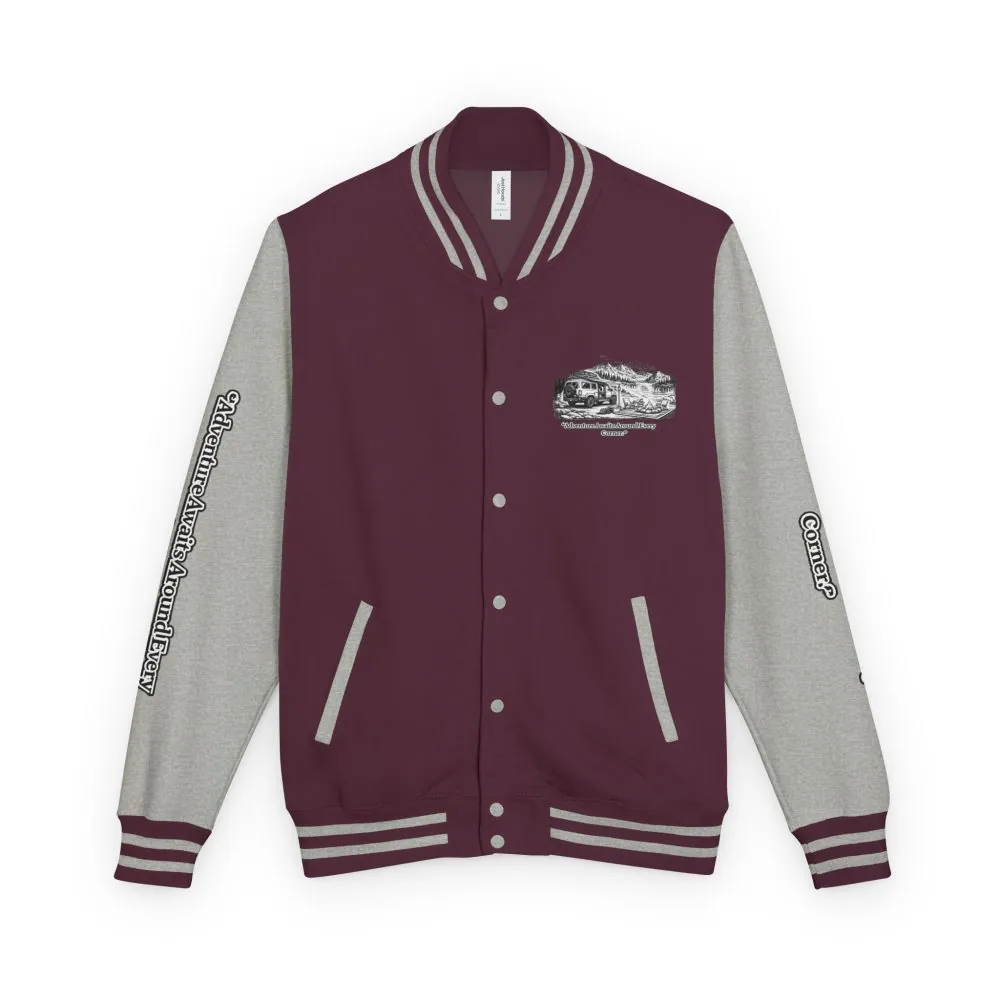462905141224731611_2048.jpeg Unisex Heavyweight Letterman Jacket — "Adventure Awaits Around Every Corner" Travel Varsity Coat