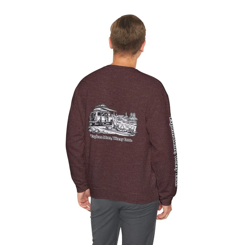 4646617261177662550_2048.jpeg Unisex Heavy Blend™ Crewneck Sweatshirt — "Explore More Worry Less" Design Minimal-Line