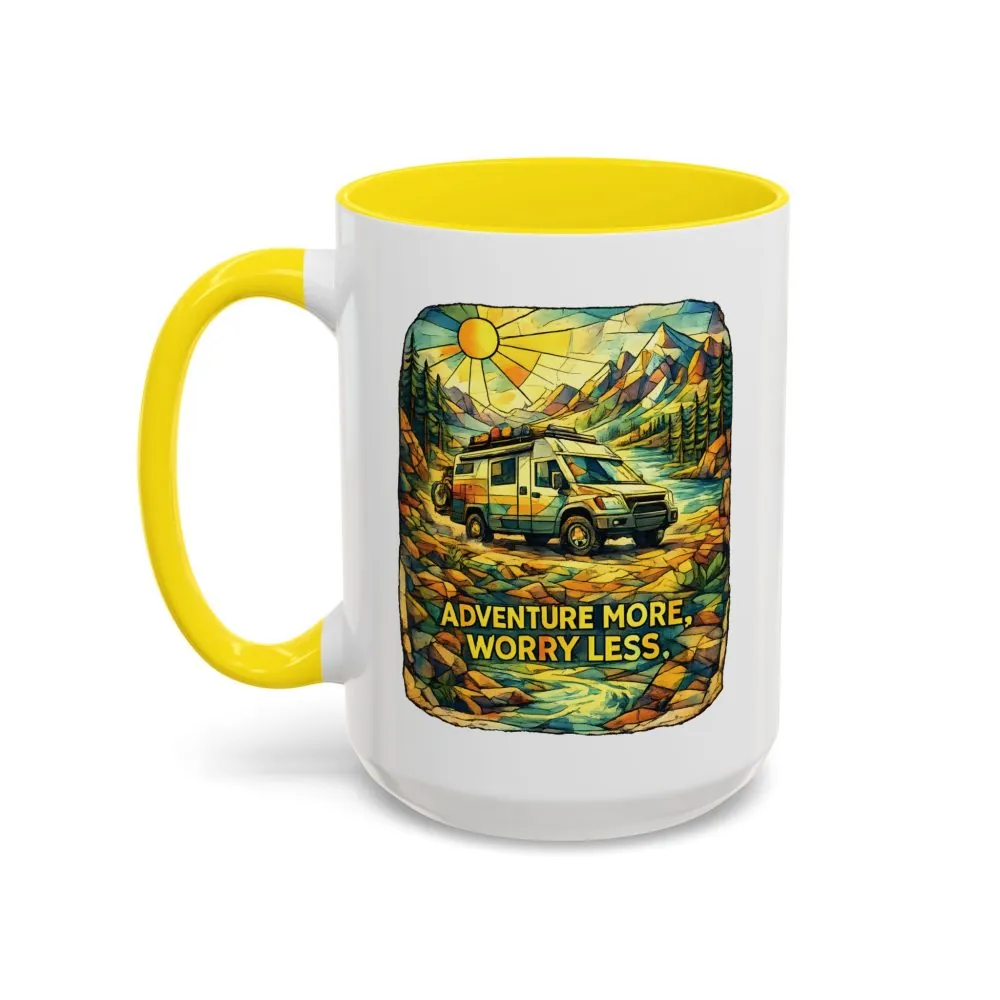 Accent Coffee Mug (11, 15oz) — "Adventure More Worry Less" Design Cubic-Line