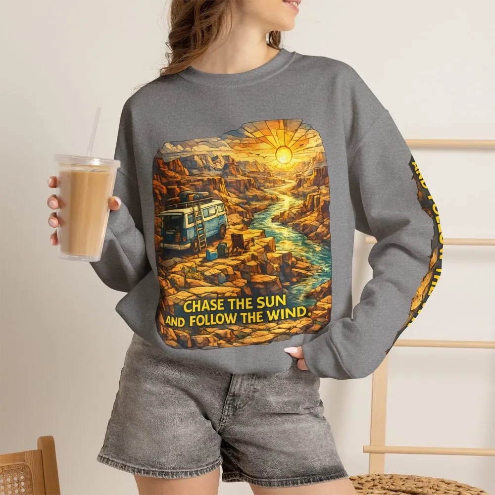 Unisex Heavy Blend™ Crewneck Sweatshirt — "Chase The Sun And Follow The Wind" Design Cubic-Line