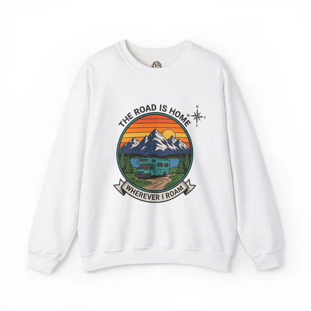4679755401939072620_2048.jpeg Crewneck Sweatshirt — "The Road Is Home" RV Camper Mountain Adventure