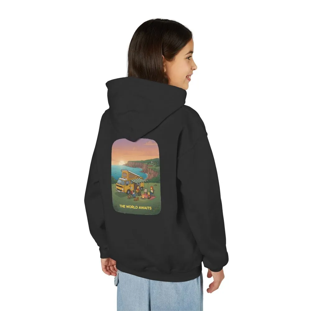 Youth Hoodie(Gildan) – "The World Awaits" (Design Sitcom-Line)