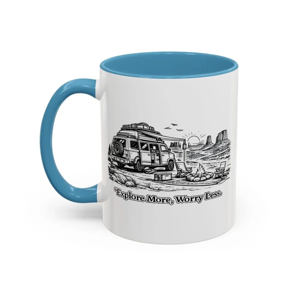 Accent Coffee Mug (11, 15oz) — "Explore More Worry Less" Design Minimal-Line