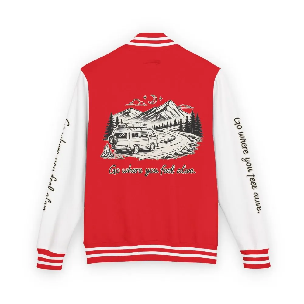 4803456112712425555_2048.jpeg Unisex Heavyweight Letterman Jacket — "Go Where You Feel Alive" Travel Varsity Coat