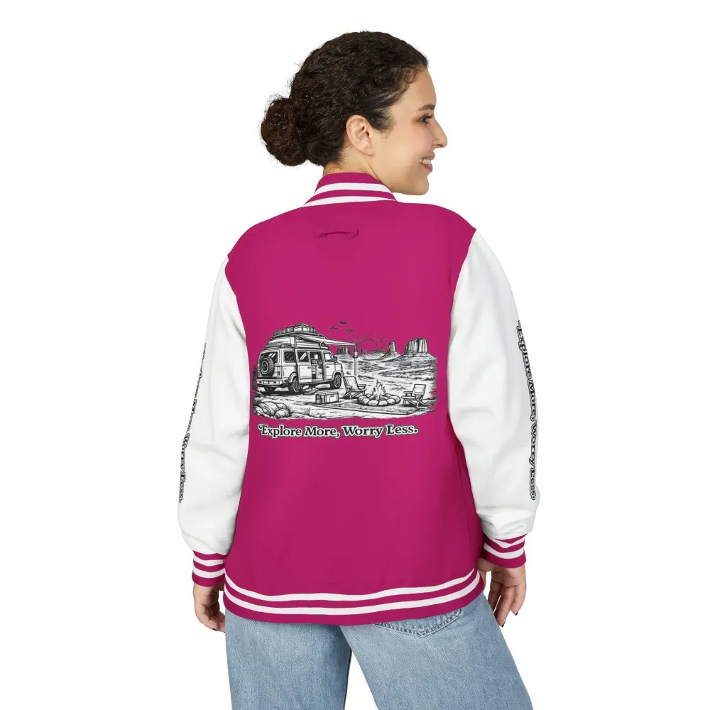 482225254028390231_2048.jpeg Unisex Heavyweight Letterman Jacket — "Explore More Worry Less" Travel Varsity Coat
