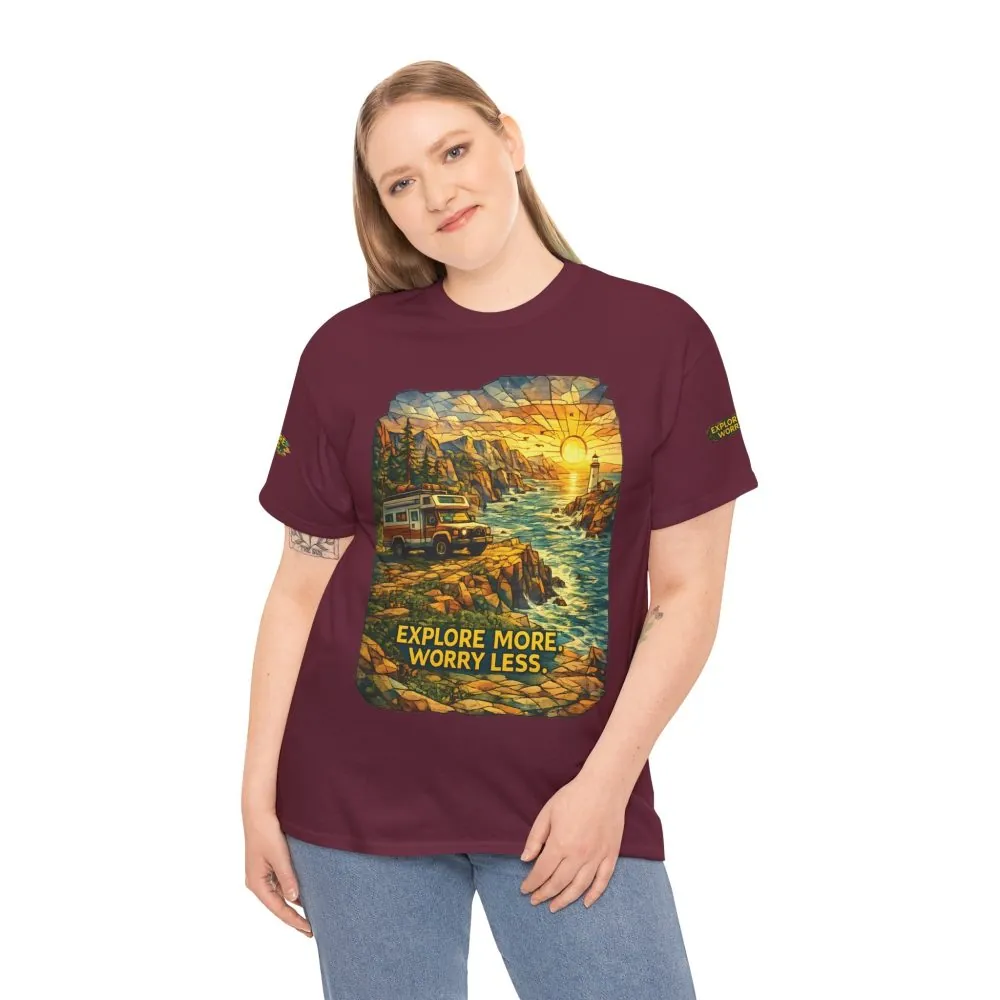 4843154333333091224_2048.jpeg Unisex Heavy Cotton Tee — "Explore More Worry Less" Design Cubic-Line