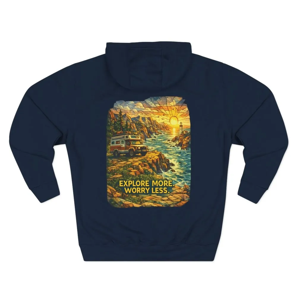 Three-Panel Fleece Hoodie - "Explore More Worry Less" Design Cubic-Line