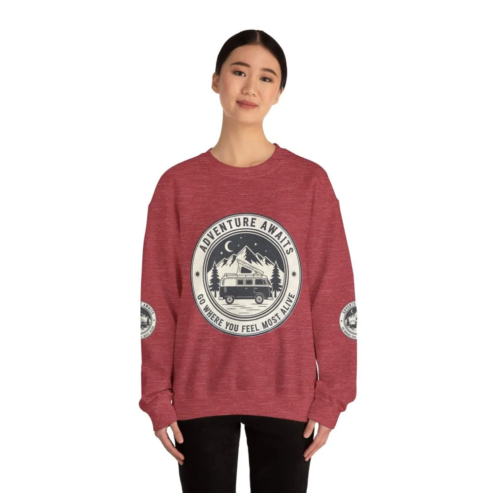 Crewneck Sweatshirt — "Adventure Awaits-Go Where You Feel Most Alive" (Font + Back + Sleaves printed) Vintage Camper Van Outdoor Graphic