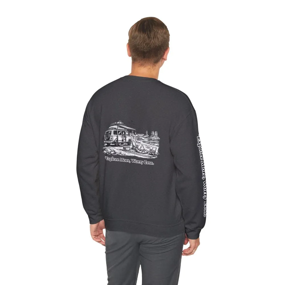 4865987044375267407_2048.jpeg Unisex Heavy Blend™ Crewneck Sweatshirt — "Explore More Worry Less" Design Minimal-Line