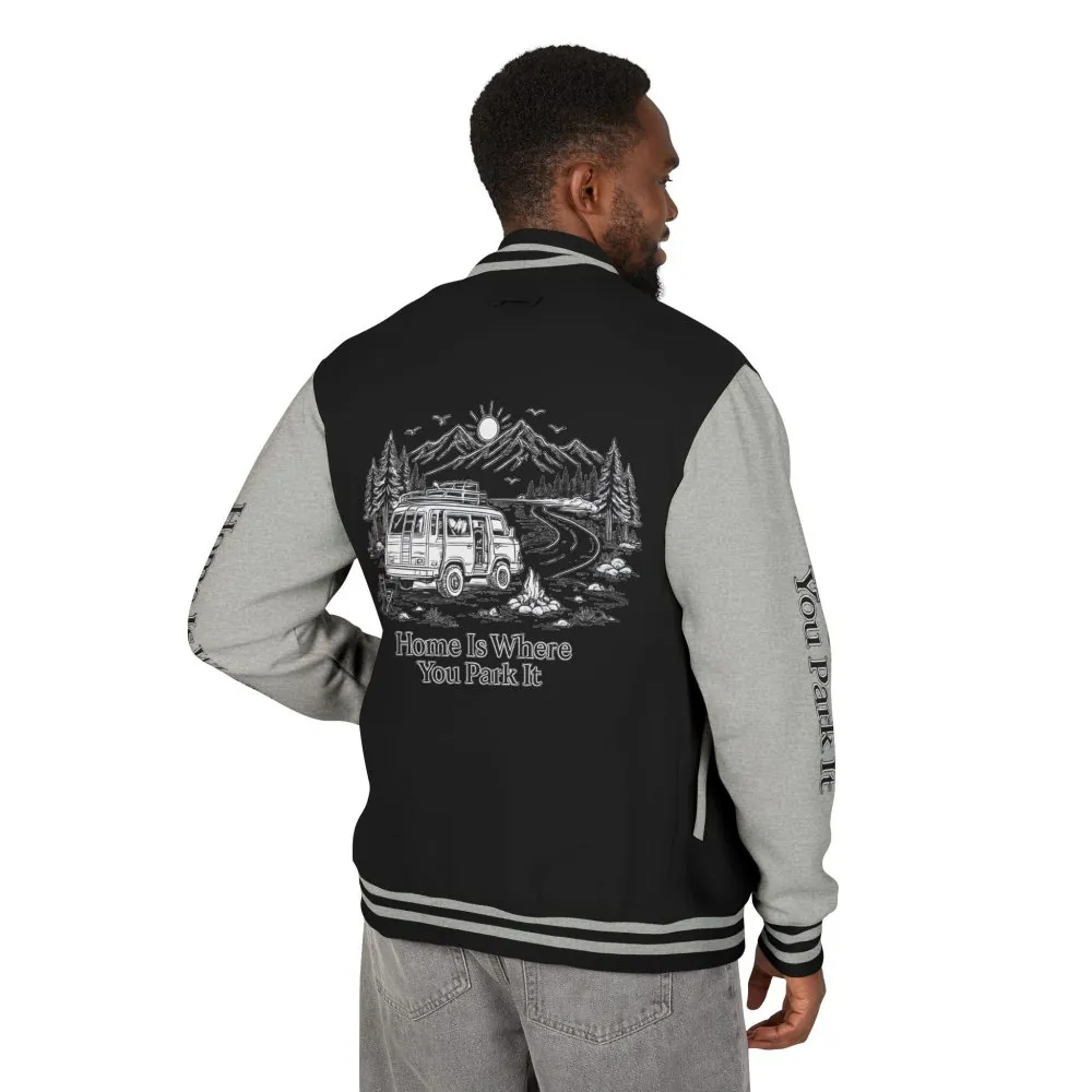 4875164072237653296_2048.jpeg Unisex Heavyweight Letterman Jacket — "Home Is Where You Park It" Travel Varsity Coat