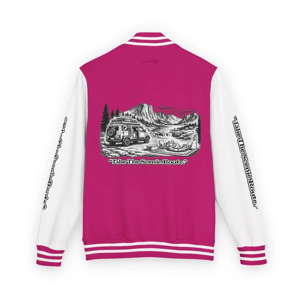 4902209433910212745_2048.jpeg Unisex Heavyweight Letterman Jacket — "Take The Scenic Route" Travel Varsity Coat