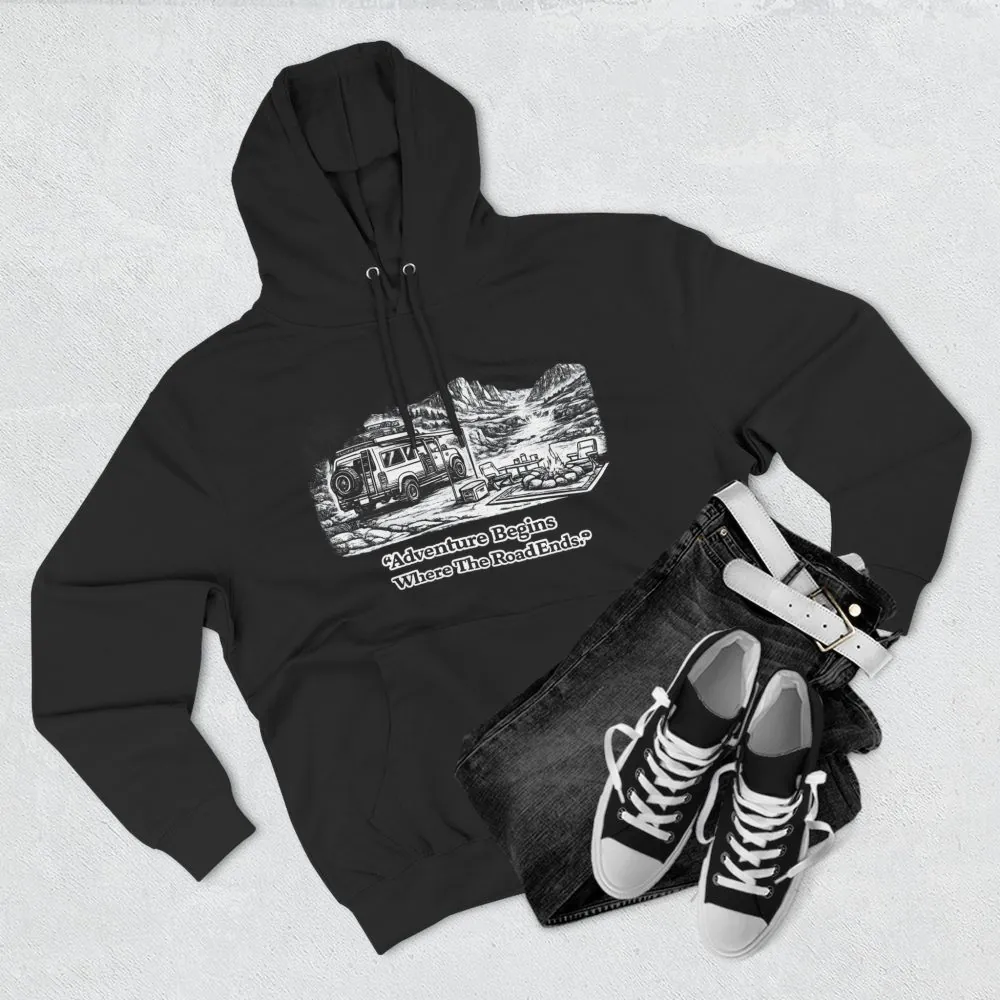 4909222362322651380_2048.jpeg Three-Panel Fleece Hoodie - "Adventure Begins Where The Road Ends" Design Minimal-Line