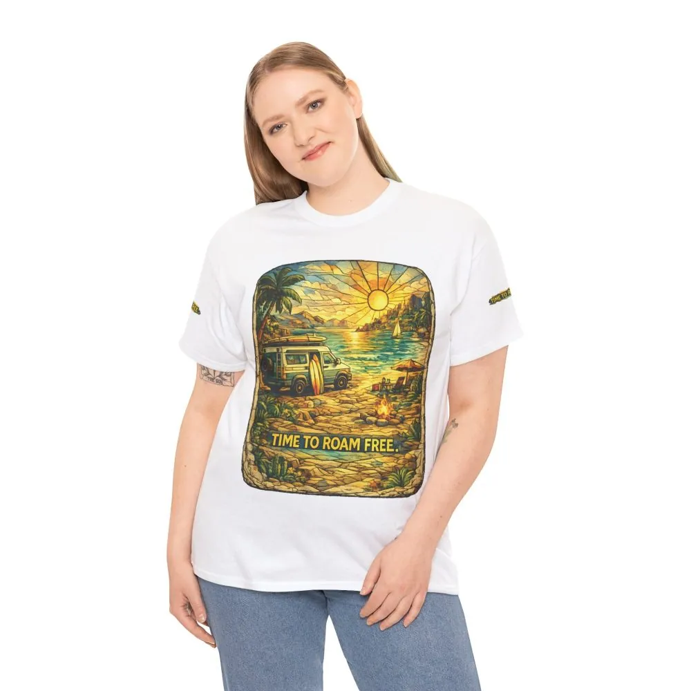 Unisex Heavy Cotton Tee — "Time To Roam Free" Design Cubic-Line