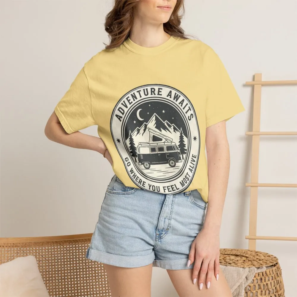 4922137229793841436_2048.jpeg T-Shirt — "Adventure Awaits-Go Where You Feel Most Alive" (Front + Back Printed) Outdoor Travel Tee