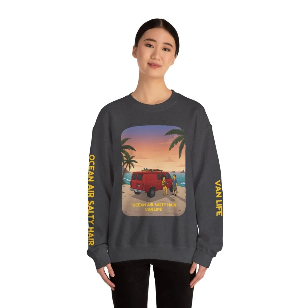 Unisex Heavy Blend™ Crewneck Sweatshirt — "Ocean Air Salty Hair Van Life" Design Sitcom-Line
