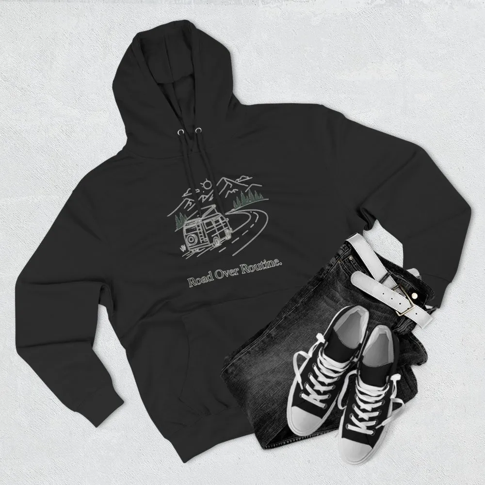 Three-Panel Fleece Hoodie - "Road Over Routine" Design Minimal-Line