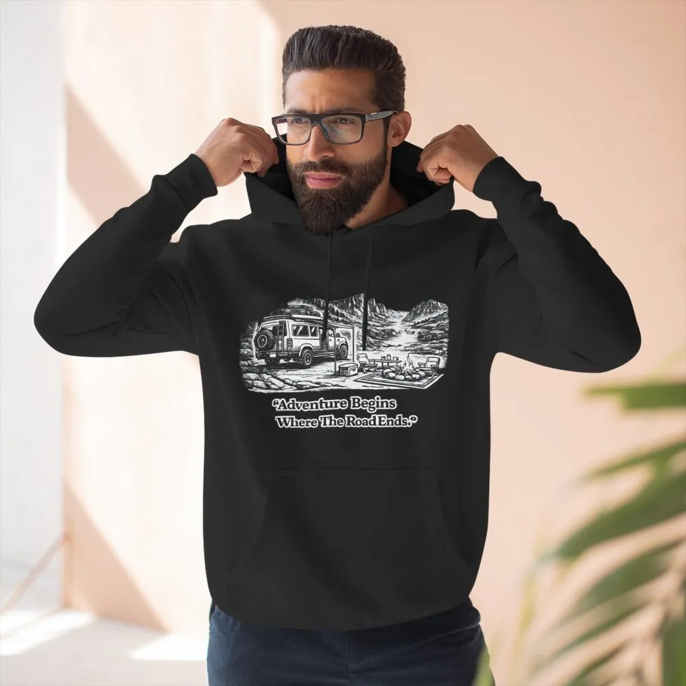 4990093016822000008_2048.jpeg Three-Panel Fleece Hoodie - "Adventure Begins Where The Road Ends" Design Minimal-Line