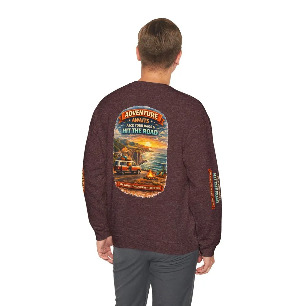 5010236120005916977_2048.jpeg Unisex Heavy Blend™ Crewneck Sweatshirt — "Adventure Awaits-Pack Your Bags" Design Scenic-Line