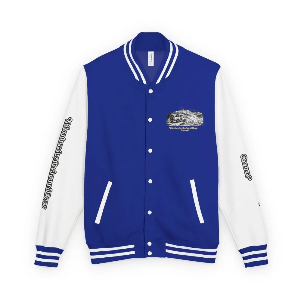 5042961870041385057_2048.jpeg Unisex Heavyweight Letterman Jacket — "Adventure Awaits Around Every Corner" Travel Varsity Coat