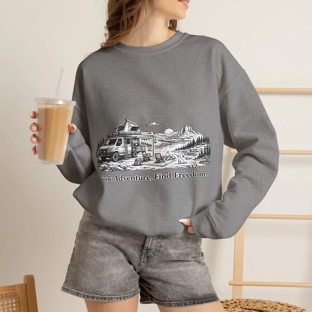5055077494118191456_2048.jpeg Unisex Heavy Blend™ Crewneck Sweatshirt — "Seek Adventure, Find Freedom" Design Minimal-Line